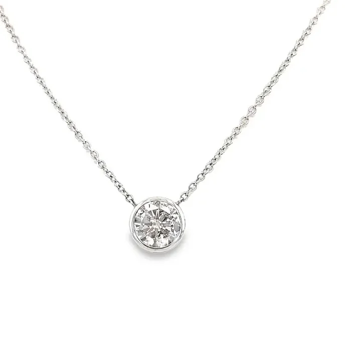 Necklace .90ct round diamond in bezel setting 14kt white gold