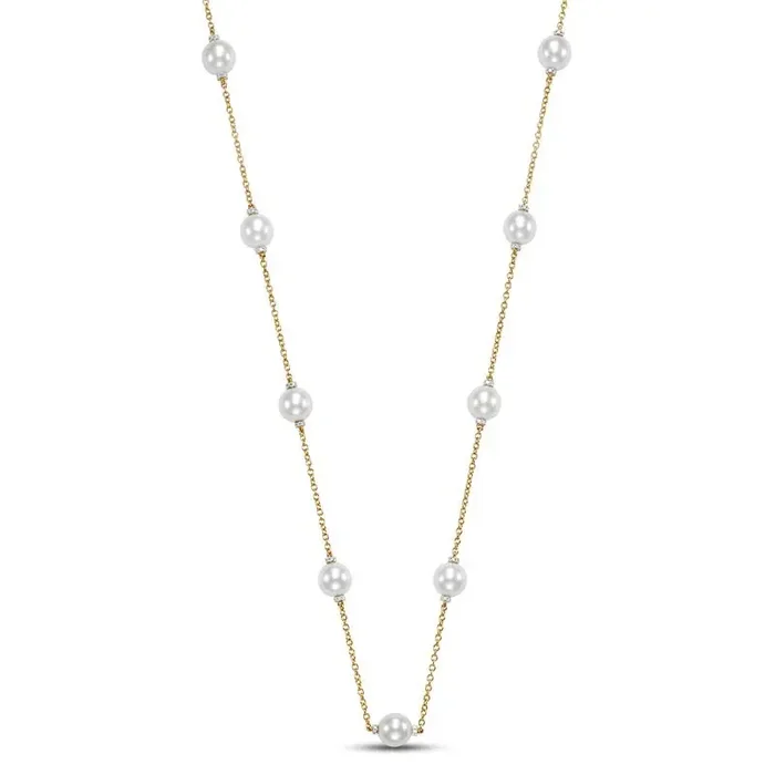 Necklace 9mm pearls accented with diamonds 9 stations 18kt yellow gold