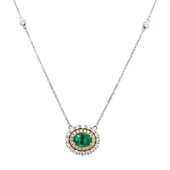 Necklace emerald with double diamond halo on diamond by yard chain