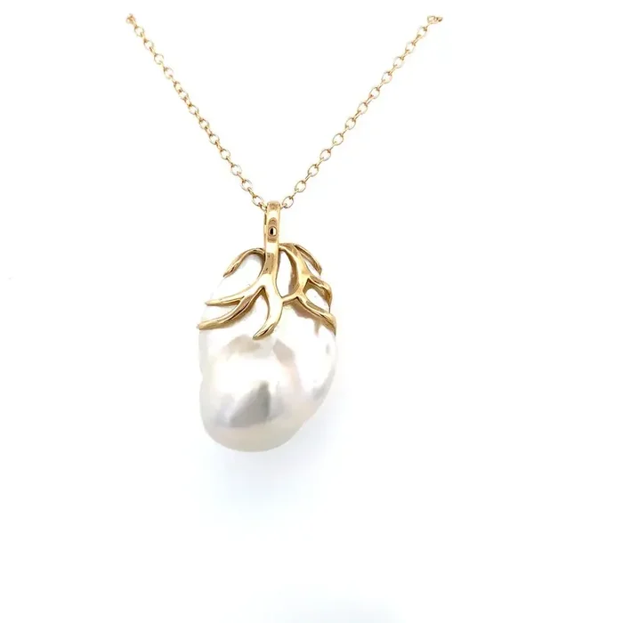 Necklace large baroque pearl pendant 24″ chain, 14kt yellow gold-mastoloni