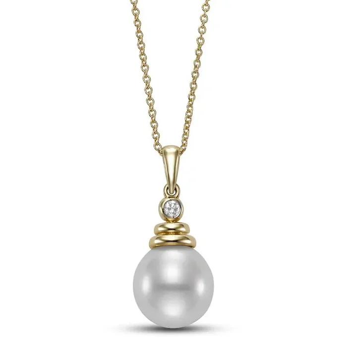 Necklace pearl & diamond spiral drop 18″ 14kt yellow gold-mastoloni