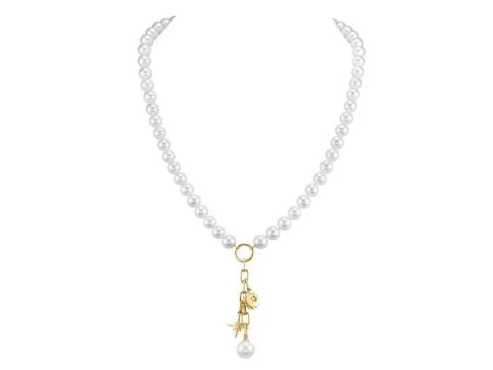 Necklace pearl with sun/star charms dangles 14kt yellow gold-mastoloni