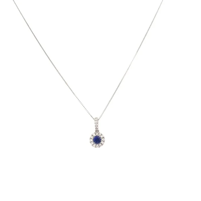 Necklace sapphire and diamond pendant 14kt white gold