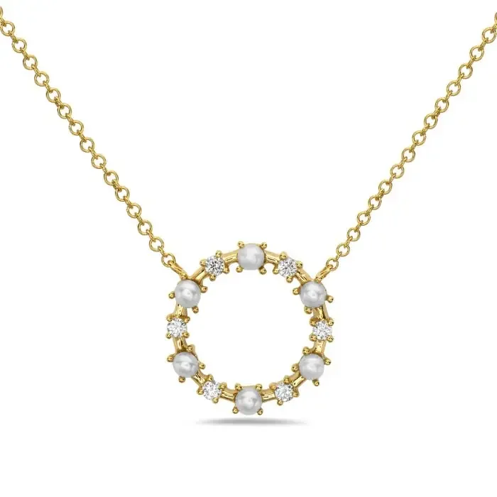 Necklace with a fixed circle of pearls & diamonds on a thin chain 14kt yellow gold-bassali
