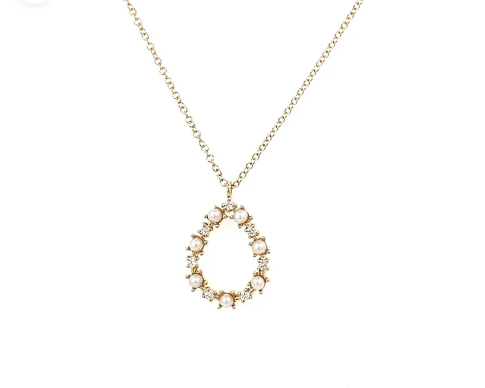 Necklace with a pear-shaped open drop set with pearls & diamond 14kt yellow gold-bassali