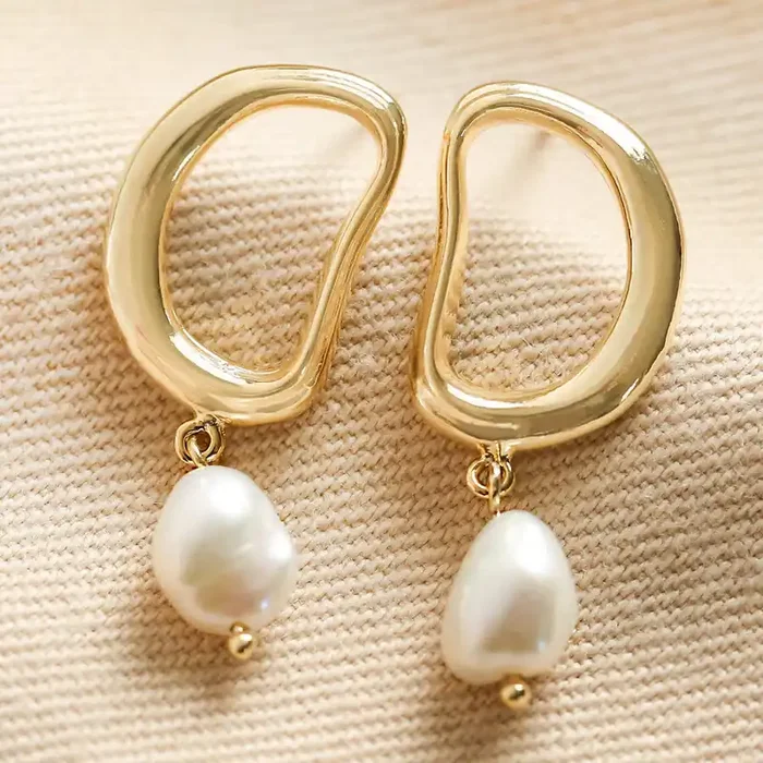 Organic Circle Pearl Drop Earrings in Gold Designed in the UK Gold Plated Brass