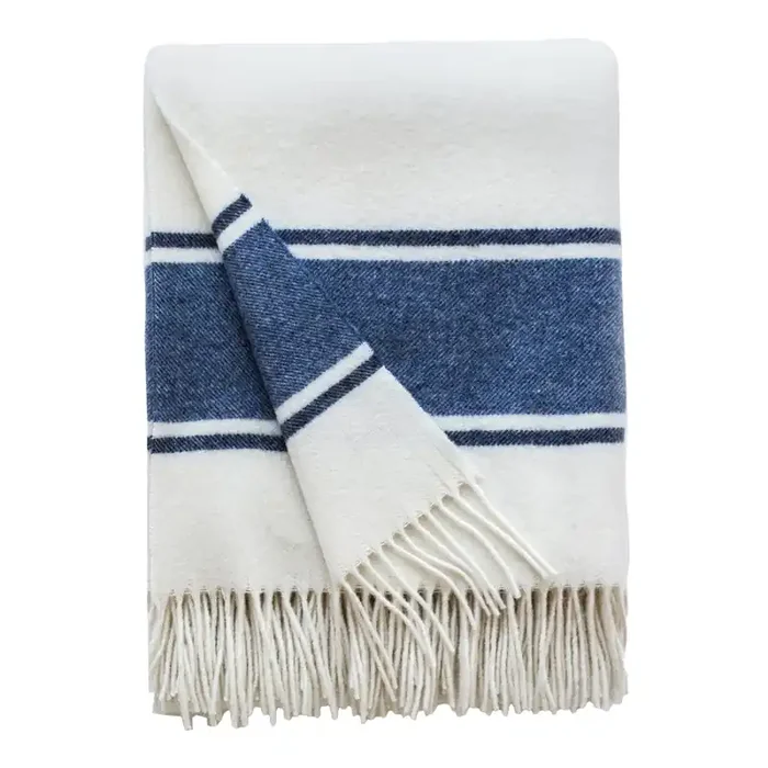 Oslo Cashmere/Superfine Wool Throw (White with Blue & Dark Blue Stripes)