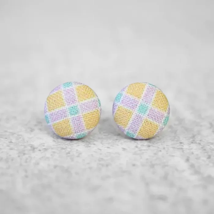 Pastel Plaid Fabric Button Earrings Handmade in the US