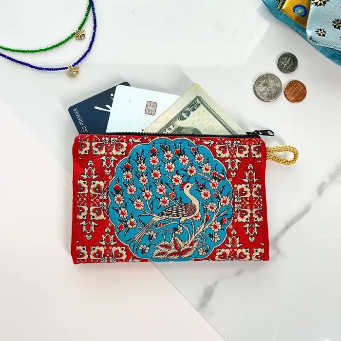 Peacock Design Coin Purse Cute Boho Fabric Pouch Zippered Wallet Bag Organizer Handmade in Turkey 4″ x 5″