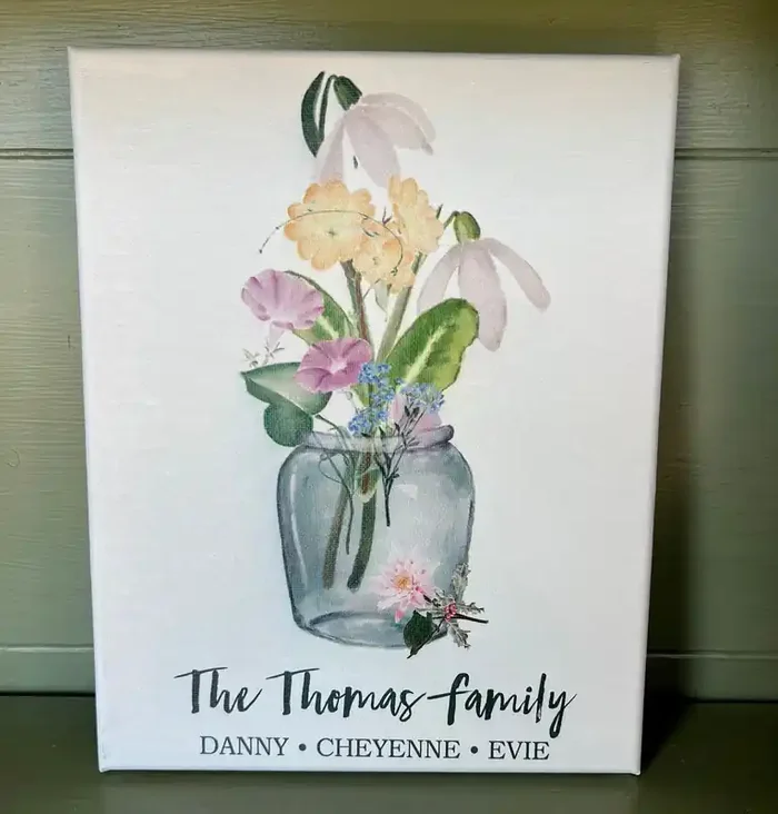 Personalized Family Bouquet 8×10 Canvas • Glass Vase
