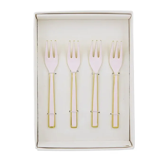 Pink Enamel Dessert Forks With Gold Edging Boxed Set of 4