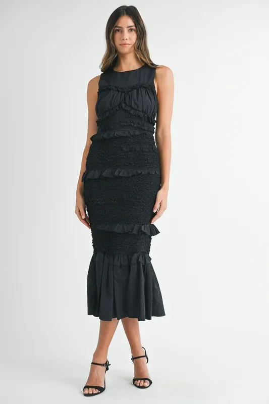 Popcorn Smocked Mermaid Midi Dress • Black