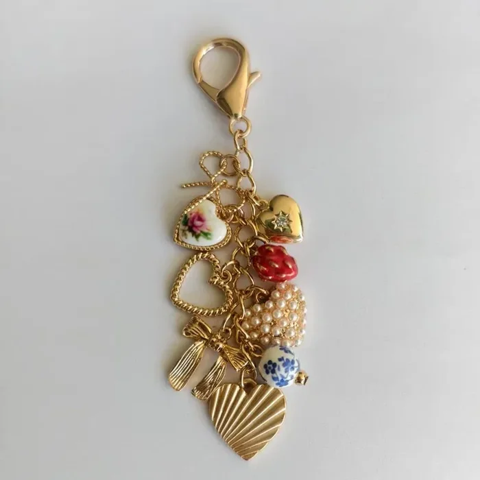Porcelain Coquettecore Bows Hearts Pearl Strawberry Bag Charm in Gold Plating 3.5″ Long Keychain Tote Purse Accessories