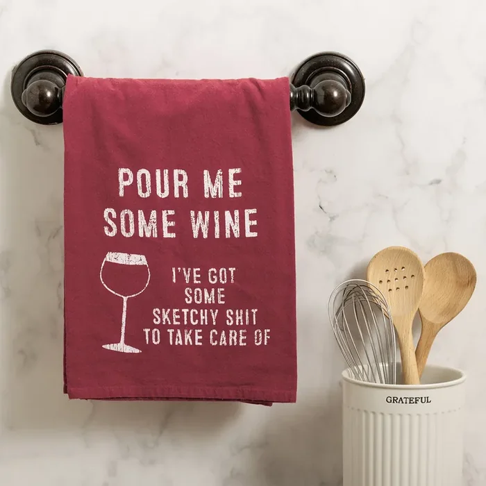 Pour Me Some Wine Red Kitchen Towel Cotton Hand Tea Dish Towel 28″ x 28″