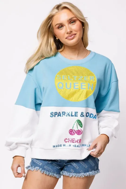 QOS Aqua & White Colorblock Seltzer Queen Sweatshirt