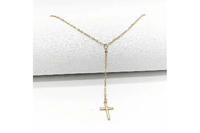 Radiant Gold Tone Cross Lariat Necklace – Dazzle with Grace!