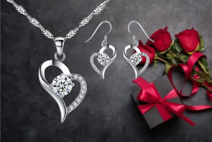 Radiant Heart Necklace & Earrings Set with Valentine Gift Box