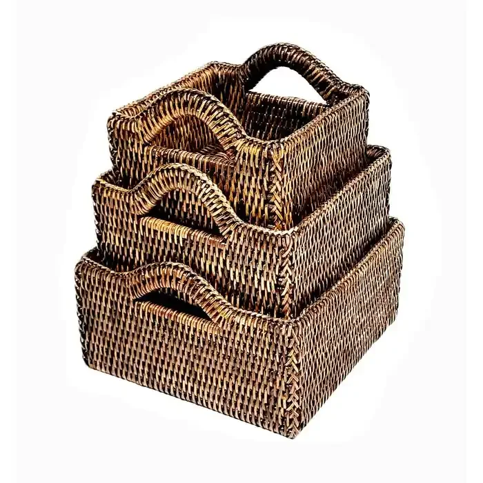 Rattan Antique Brown Empire Set 3 Square Tray w/ Handles