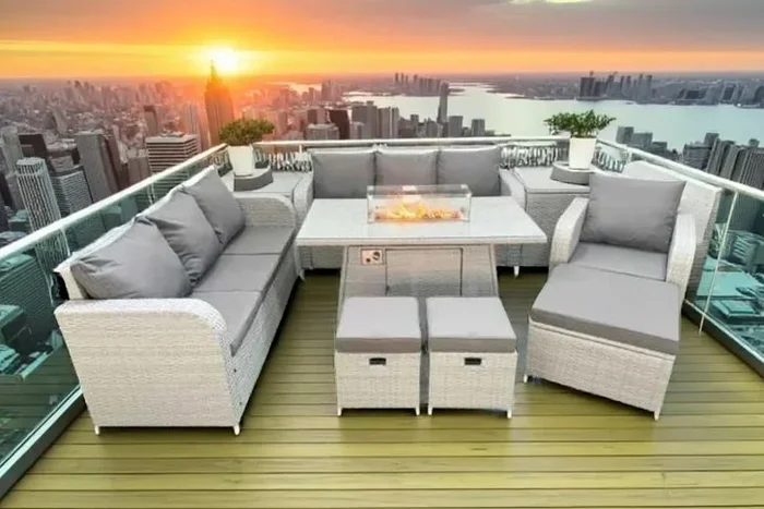 Rattan Dining Set with Reclining Sun Lounger & Firepit Table