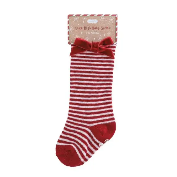 Red Stripe Bow Knee High Baby Socks