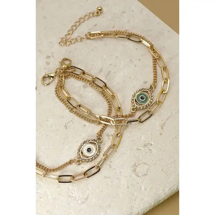 Rhinestone Epoxy Eye Chain Bracelet Double Layer Gold Tone Jewelry