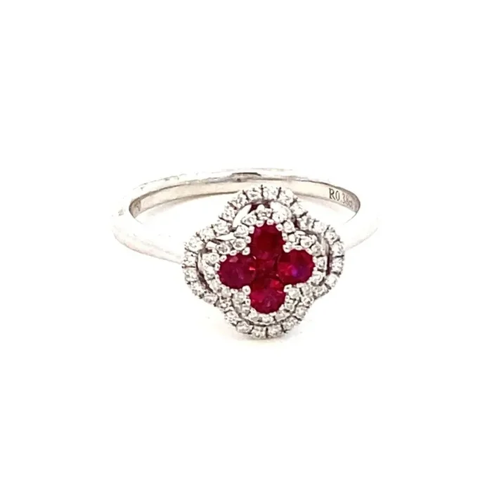 Ring- 18k White Gold ruby diamond halo clover white gold