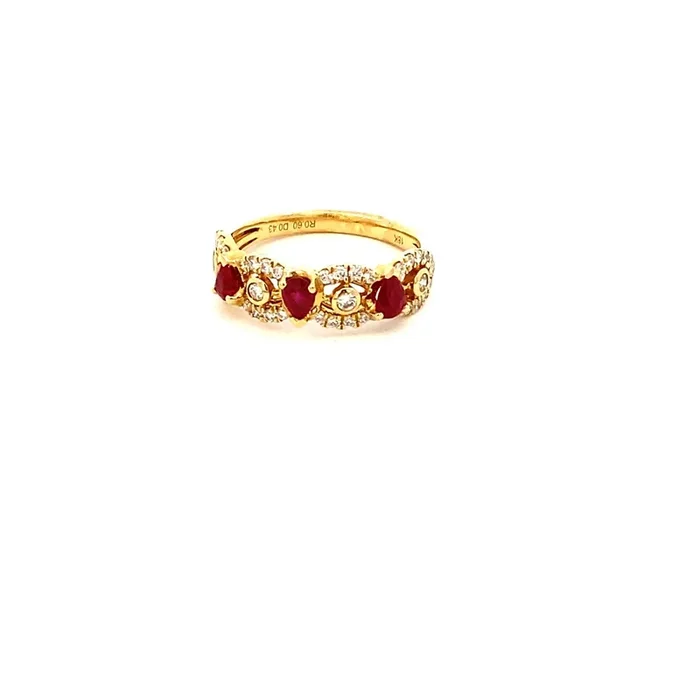 Ring- 18k Yellow Gold with 3 oval rubies and diamond segments-Nemati