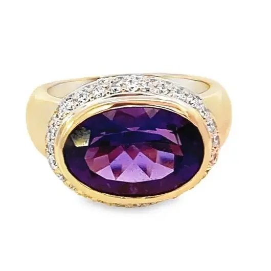 Ring – amethyst ring with double row pave diamonds 14kt yellow gold