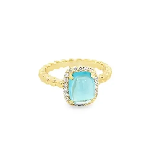 Ring apatite with diamond halo and bead shank 14kt yellow gold