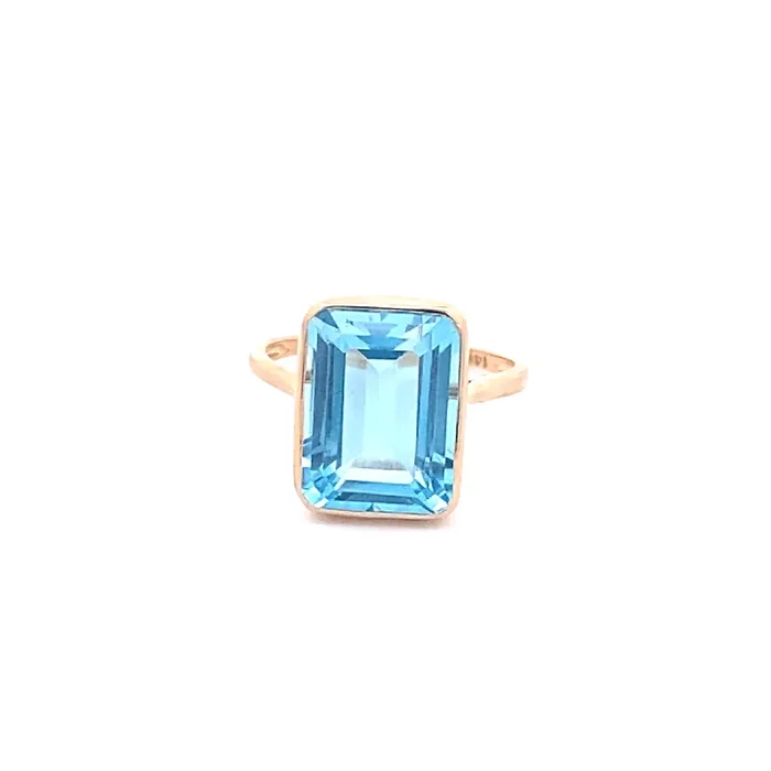 Ring Blue Topaz Emerald Cut Bezel Set 14kyg – Mazza