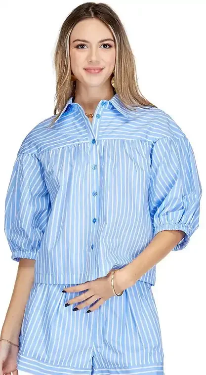 Round Yoke Blouse Blue Stripe