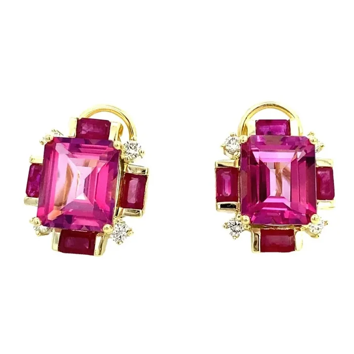 Rubies & Pink Topaz in a Rectangular Setting with Diamond Accented Corners in 14k Yellow Gold Stud Earrings – Raymond Mazza