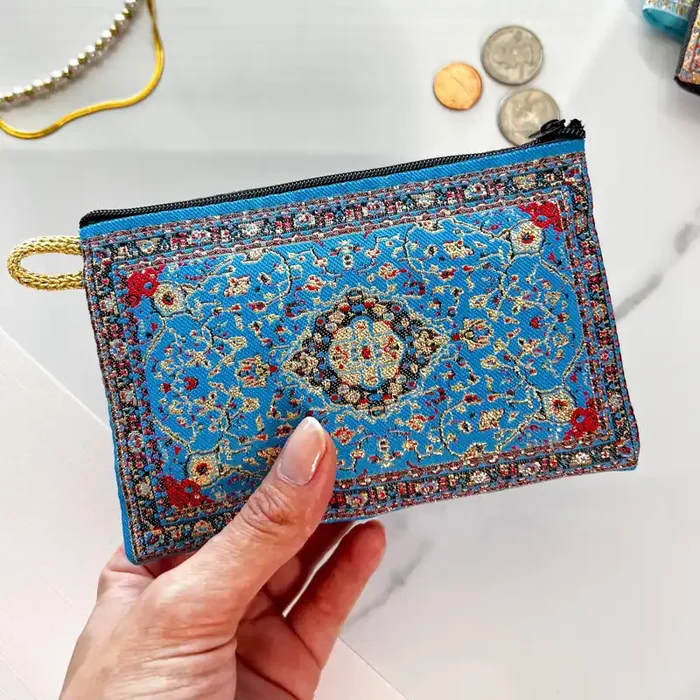 Rug Design Pouch Boho Coin Purse Small Pouch in Royal Blue Handmade in Turkey 4″ x 5″