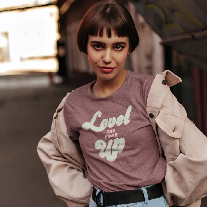 S-3X Level the F**k Up Unisex T-Shirt in Heather Mauve Sizes Small-3XL Smartass & Sass at GetBullish