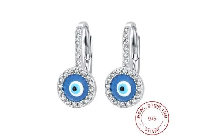 S925 Sterling Silver Hamsa Evil Eye Huggie Hoop Earrings – Hypoallergenic, White Gold Plated, Cubic Zirconia