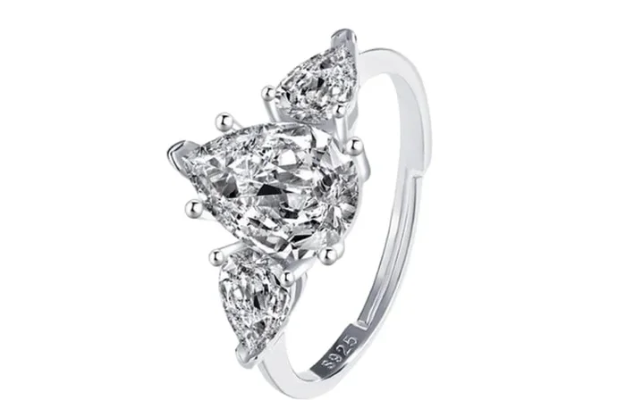 S925 Sterling Silver Three-Stone Pear Cubic Zirconia Adjustable Statement Ring