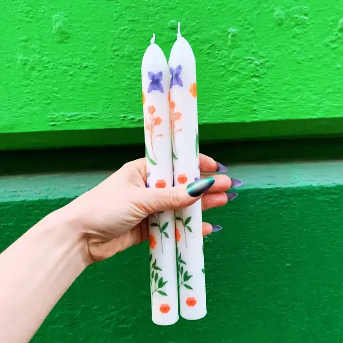 Set of 2 Boho Flowers Tapered Candle Aesthetic Unscented Table Decor Floral Candle Sticks