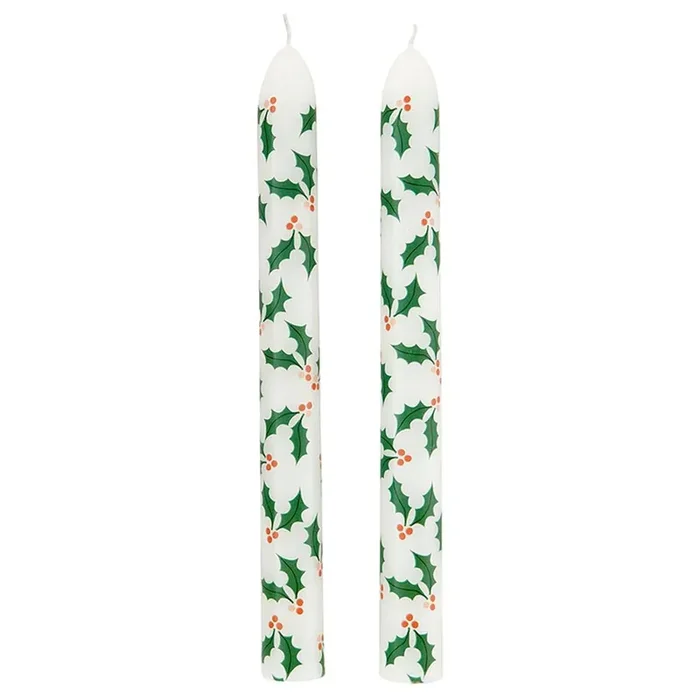 Set of 2 Word Holly Tapered Candle Holiday Theme Unscented Table Decor Candle Sticks