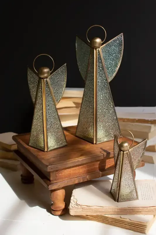 Set Of 3 Antique Brass And Glass Christmas Angels