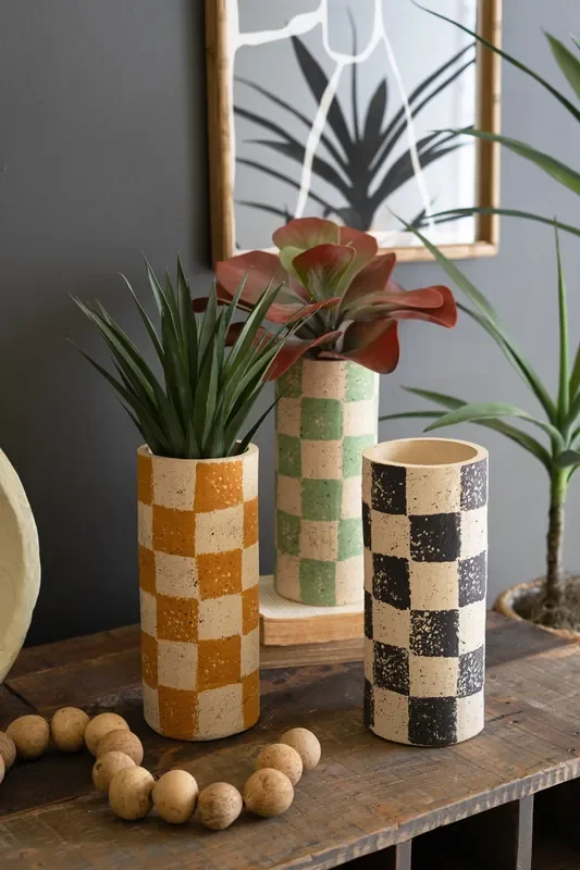 Set Of 3 Checkered Clay Cylinder Vases