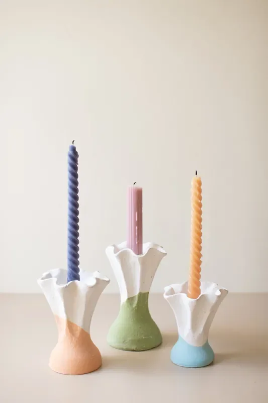 Set of 3 Color-Dipped Clay Flower Taper Candle Holders