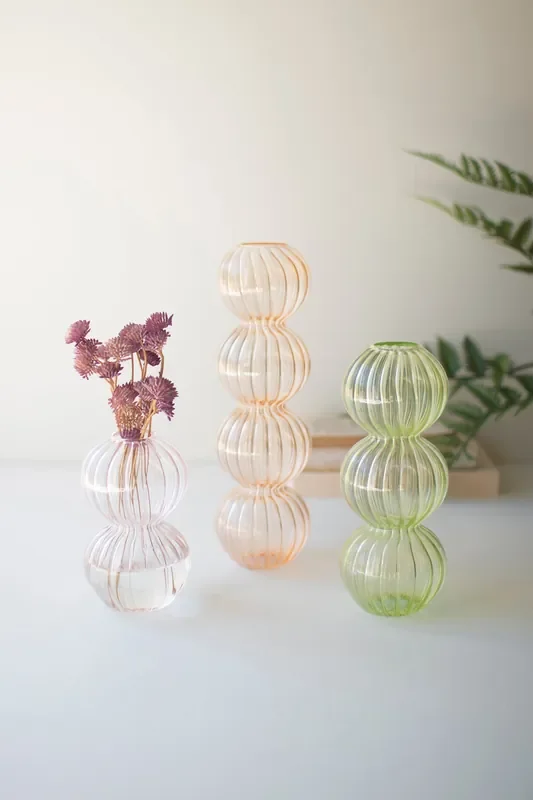 Set of 3 Fluted Glass Stacking Ball Vases