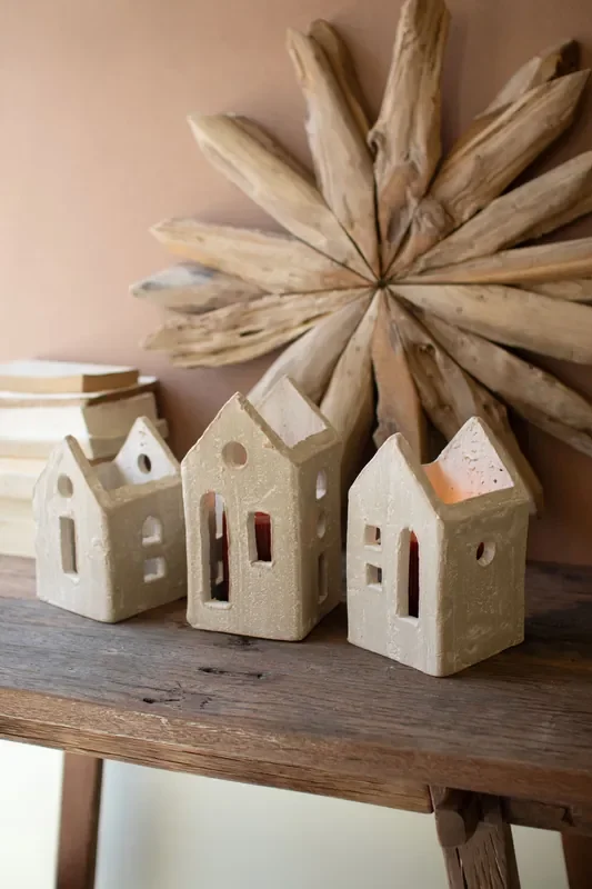 Set of 3 Gray-Wash Clay House Luminaries