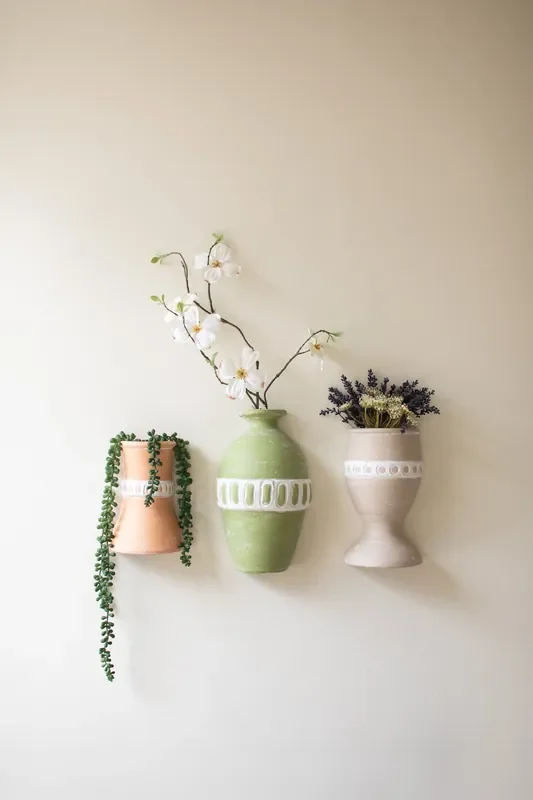 Set of 3 Painted Clay Wall Vases