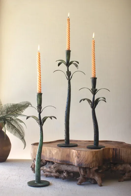 Set of 3 Patina Iron Palm Tree Taper Candle Holders