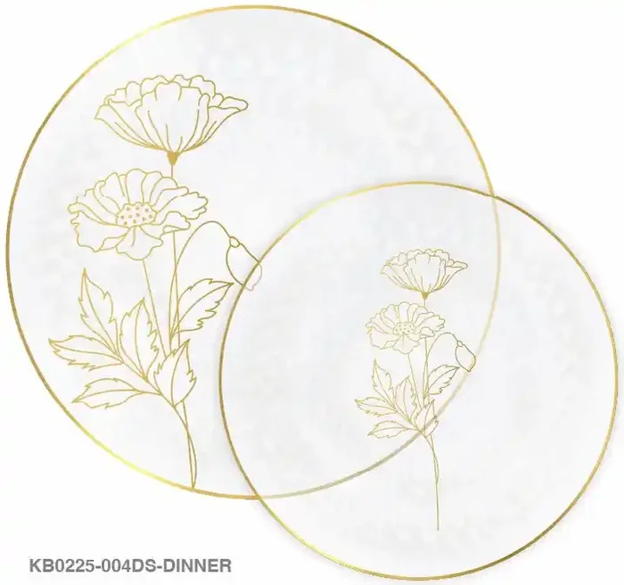 Set of 32 White Plates with Gold-Colored Flower Accents