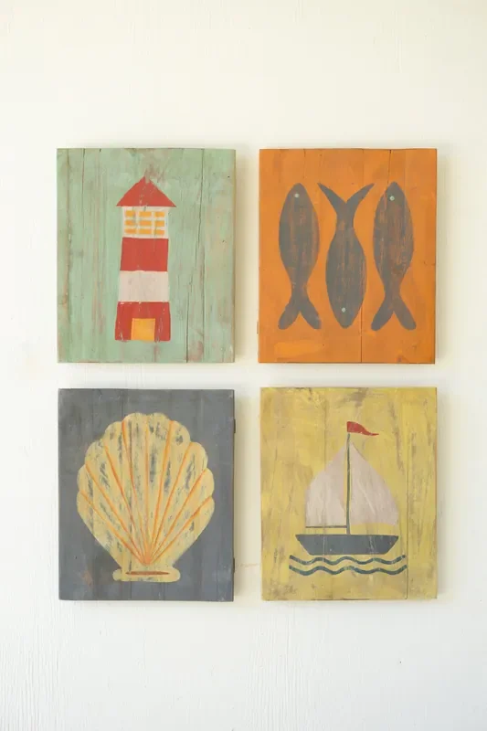 Set of 4 Painted Wood Coastal Wall Art
