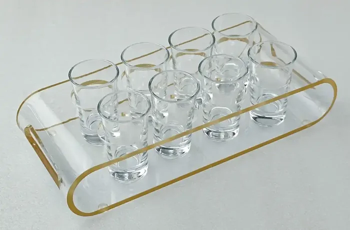Set of 8 Shot Glasses with Gold-Edges Acrylic Holder