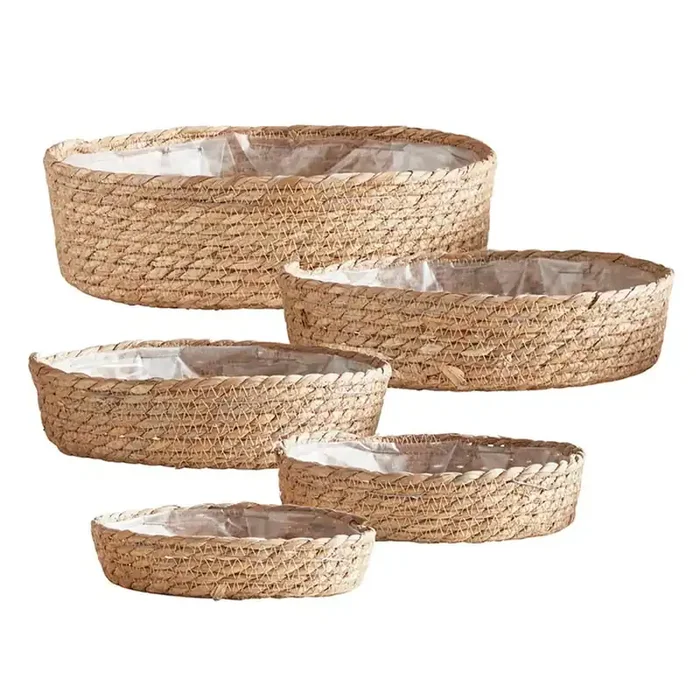 Short Lined Baskets Set of 5 Woven Seagrass Container Bin Set