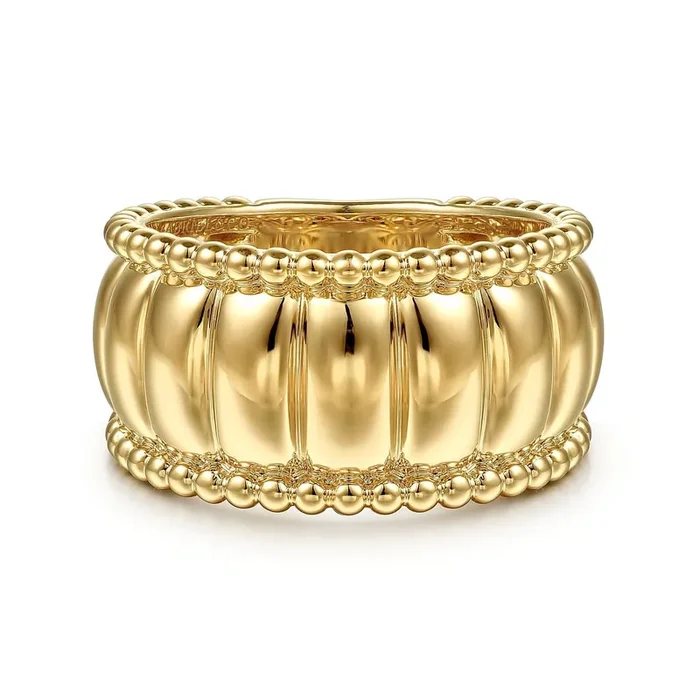 Shrimp style textured ring with beaded edge 14kt yellow gold by Gabriel